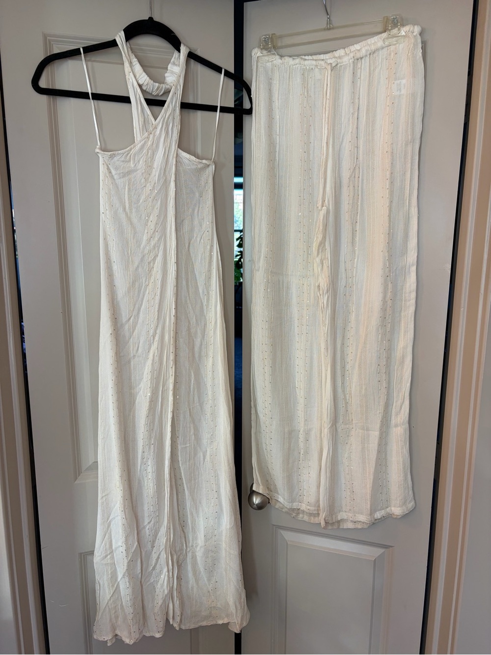Women's Cream sequined Halter Maxi Duster & Pants